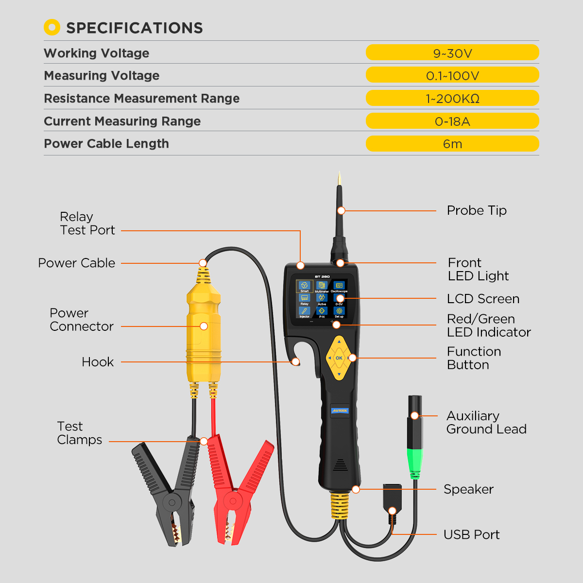 AUTOOL BT280 Electrical Circuit Tester Power Probe Electric System Tester