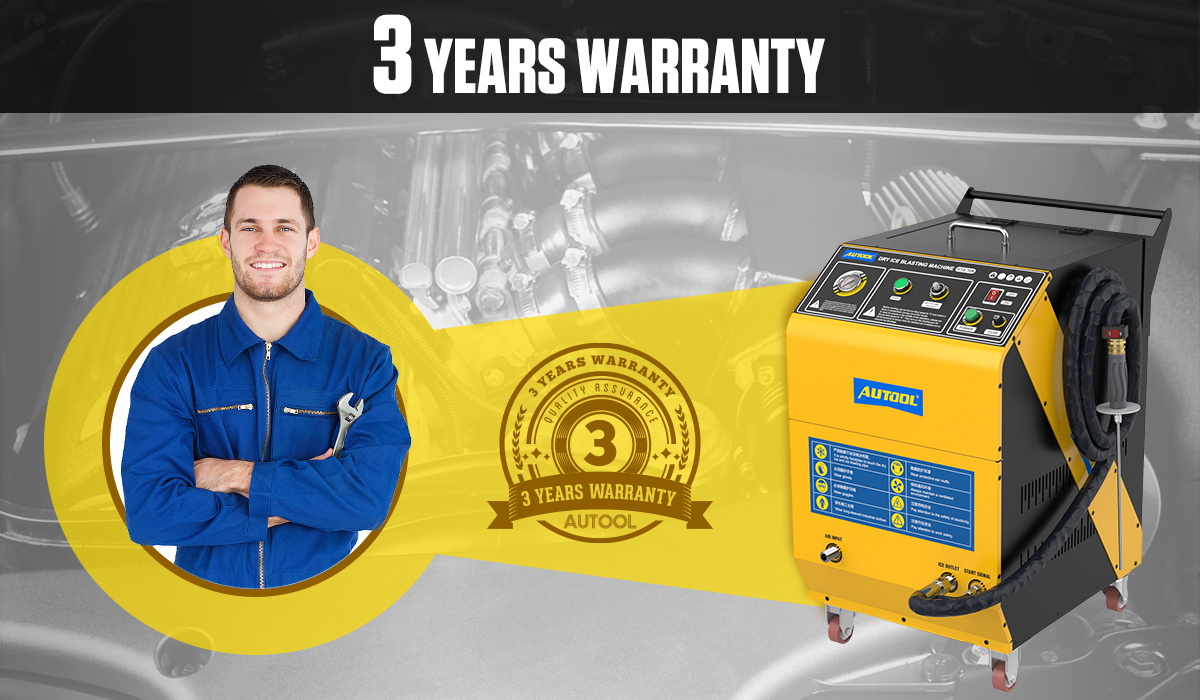 AUTOOL HTS708 dry ice machine comes with a three-year warranty, and any quality problems within three years can be repaired or exchanged by contacting the officials.dry ice cleaning machine that offer a three-year warranty.dry ice cleaner machine that offer the longest warranty available