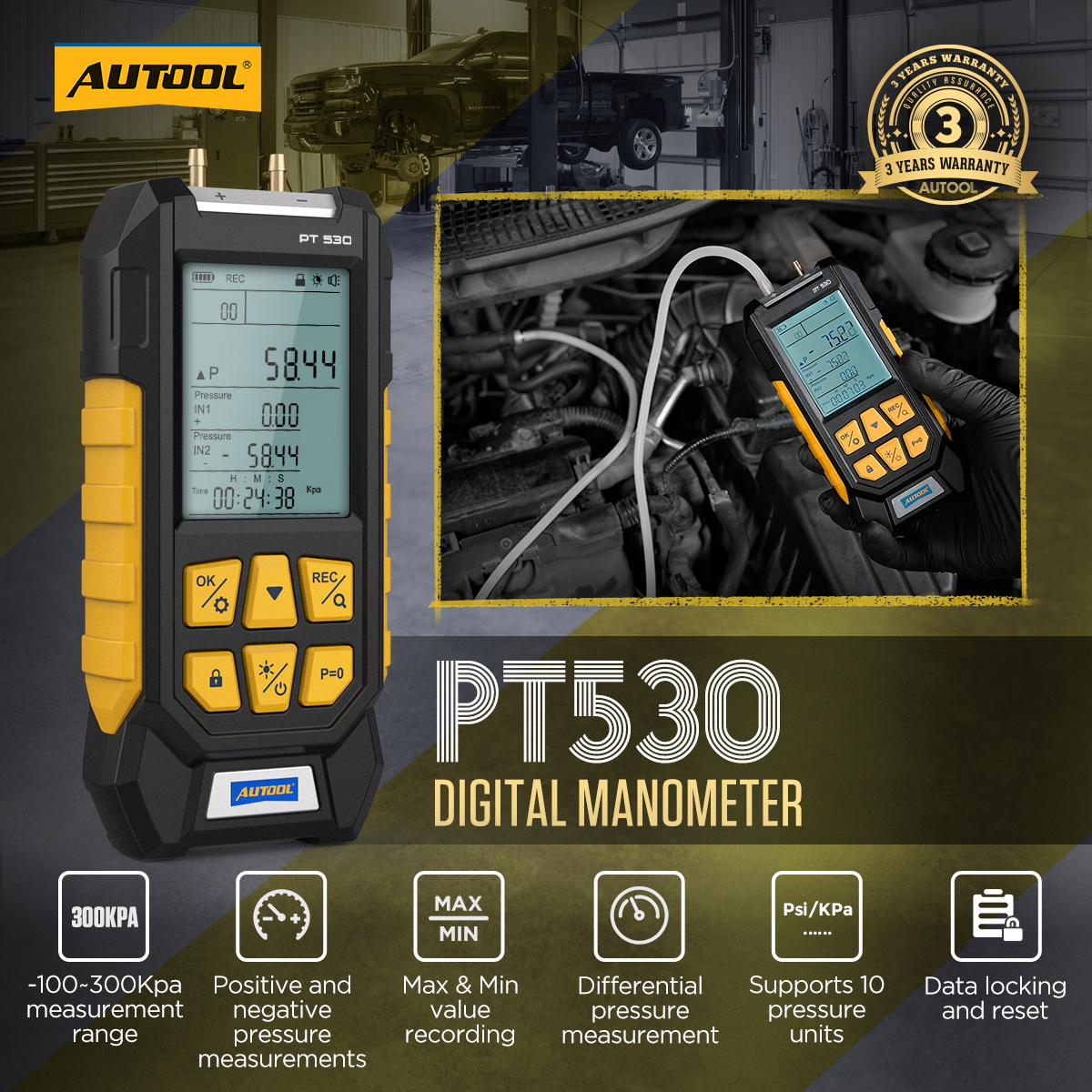 AUTOOL PT530 Digital Manometer Dual Port Pressure Gauge Digital Manometer Dual Port Pressure Gauge