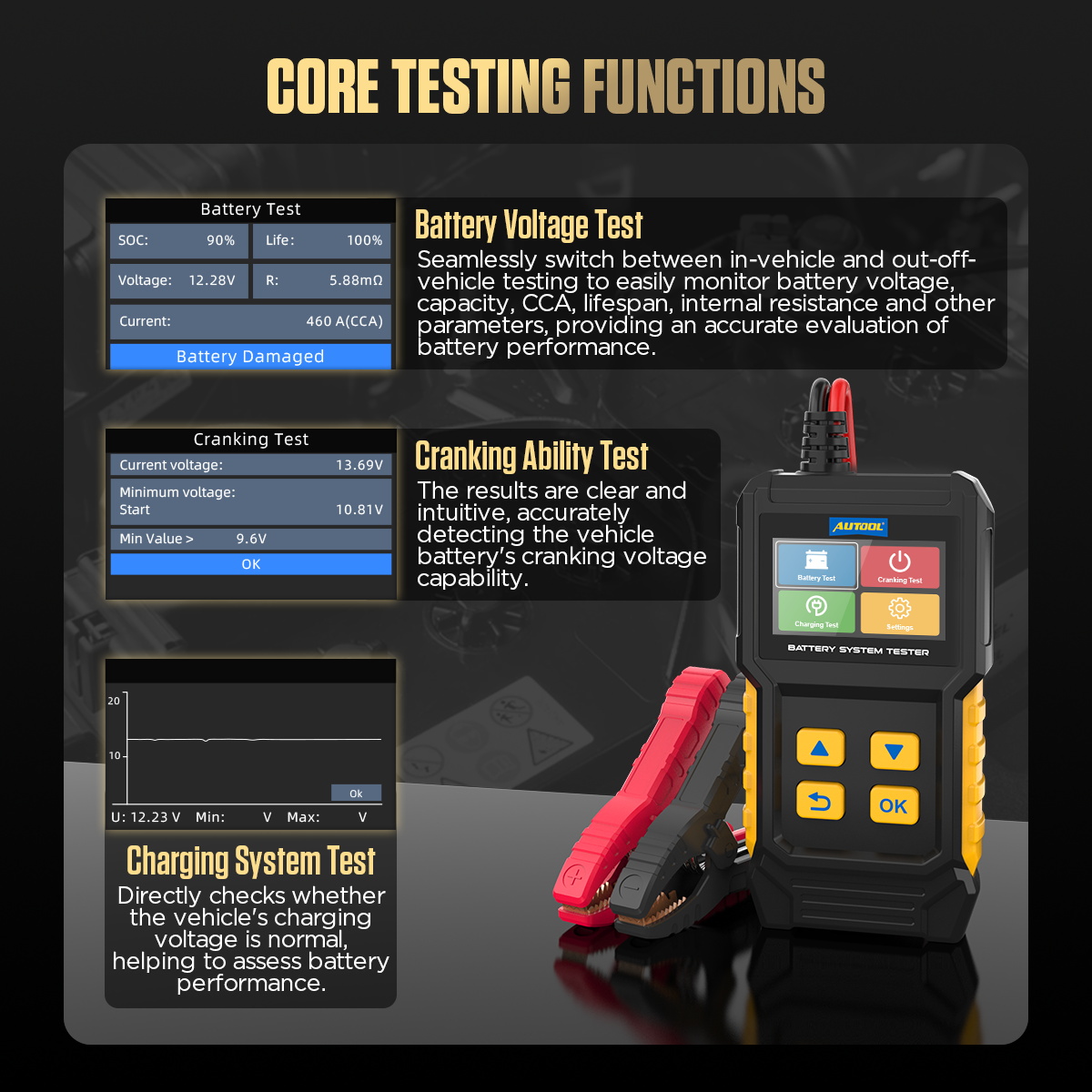 AUTOOL Automotive 12V/24V 20-3000 CCA Battery Load Tester, Cranking And